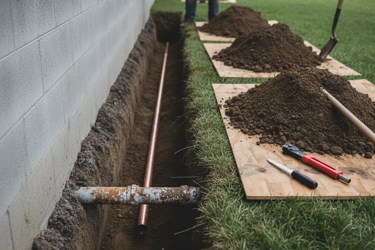 Excavated water line trench during Water Heater Repair in Lincoln Park